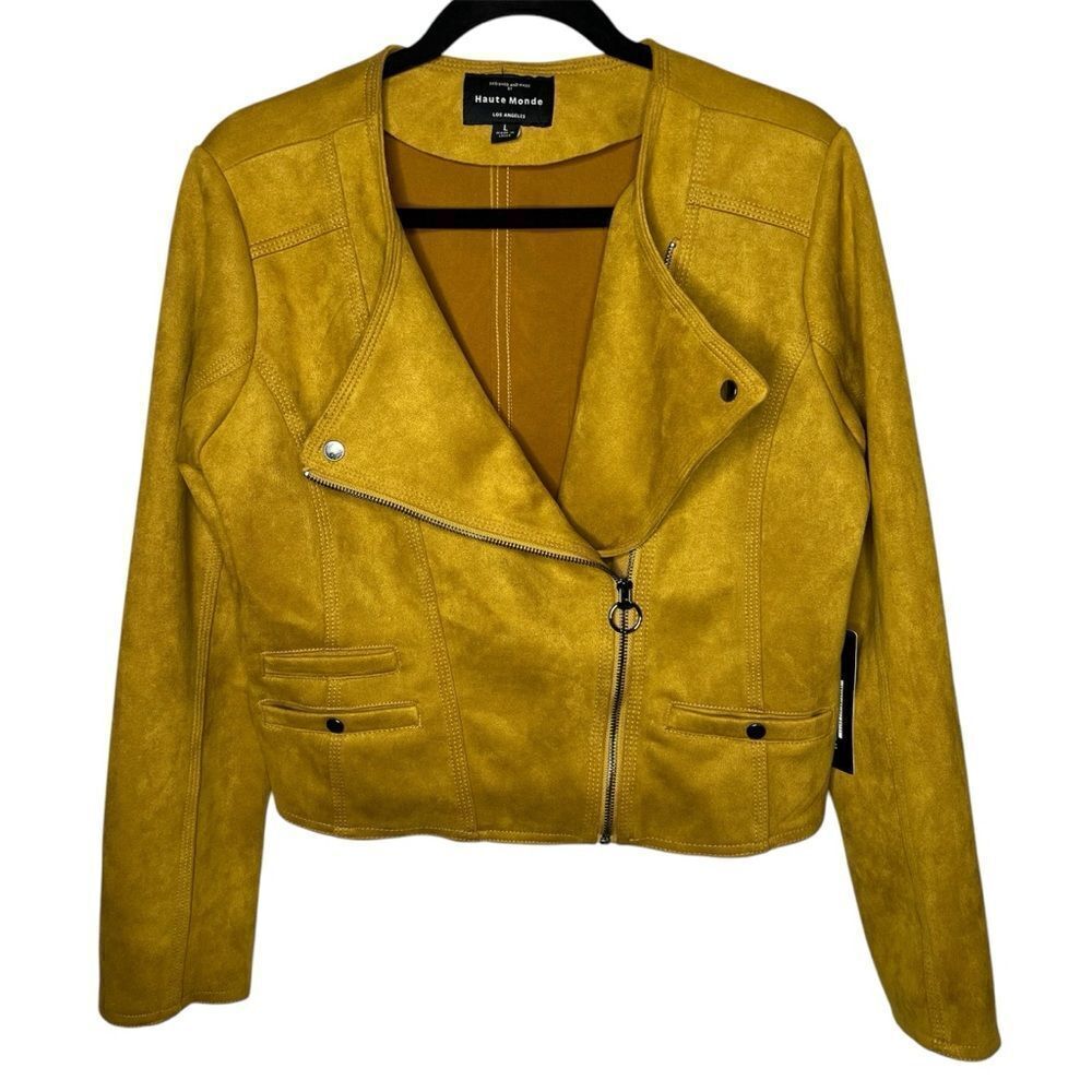 New! Haute Monde Mustard Yellow Faux Suede Women’s Moto Bikers Jacket size L